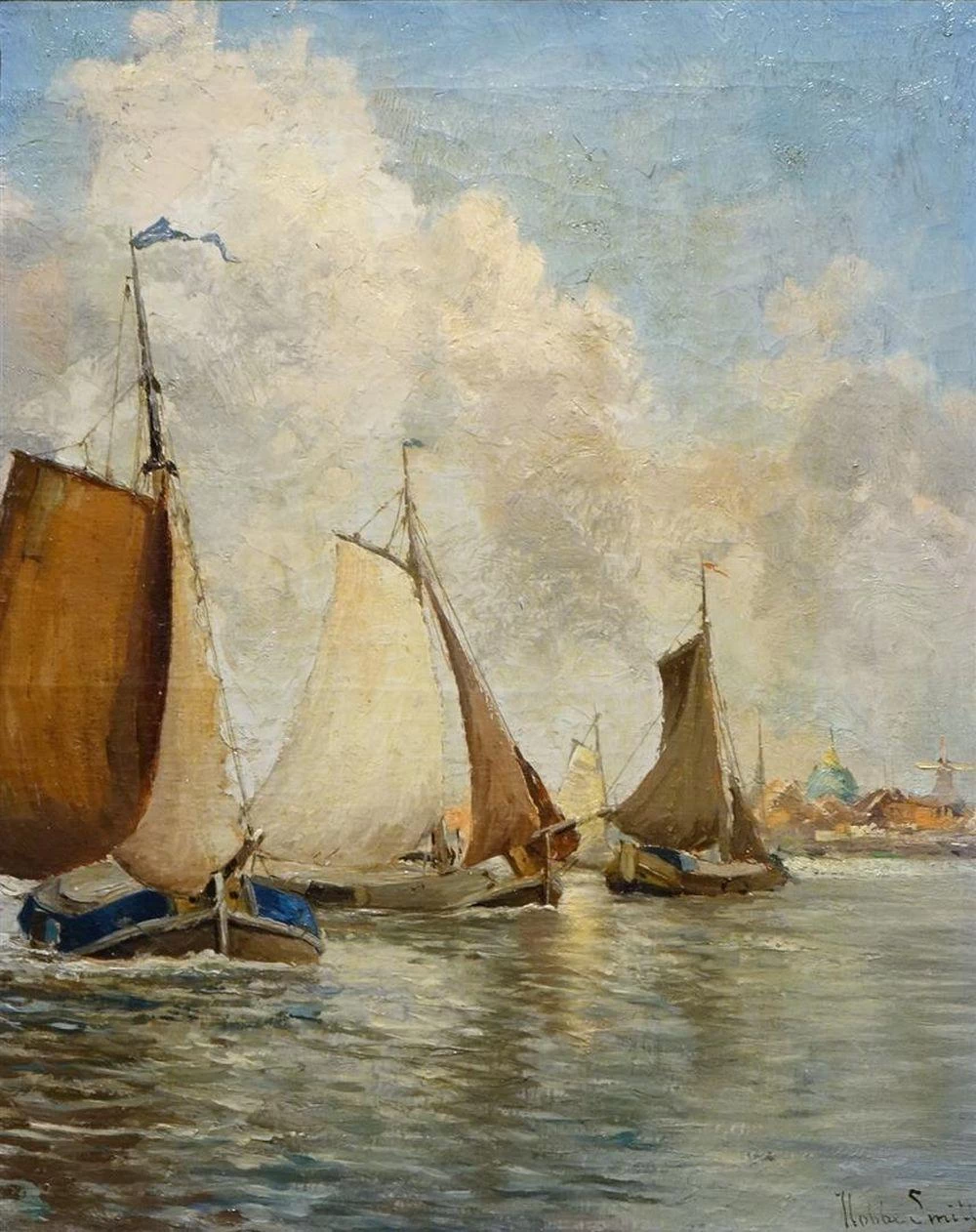 Barche a fondo piatto sull'IJ vicino ad Amsterdam